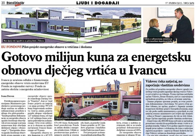 Gotovo milijun kuna za energetsku obnovu vrtića u Ivancu