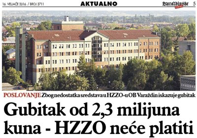 Gubitak OB Varaždin od 2,3 milijuna kuna - HZZO neće platiti