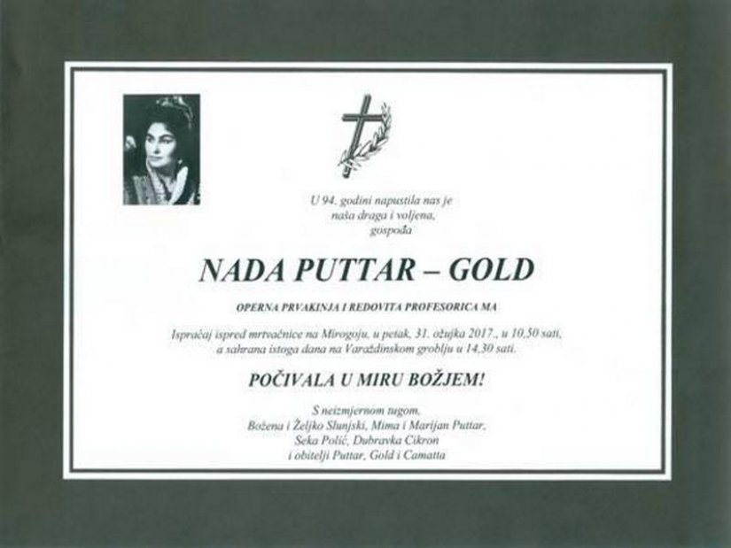 Posljednji ispraćaj Nade Puttar Gold u petak u Zagrebu, a sahrana u Varaždinu