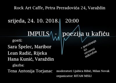 &quot;Impuls - poezija u kafiću&quot; ove srijede uz gostovanje Leana Radića, Sare Špelec i Hane Kunić