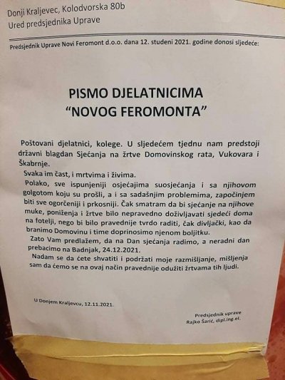 Predsjednik uprave Novog Feromonta predložio radnicima: Praznik 18. studenog radni, a Badnjak neradni