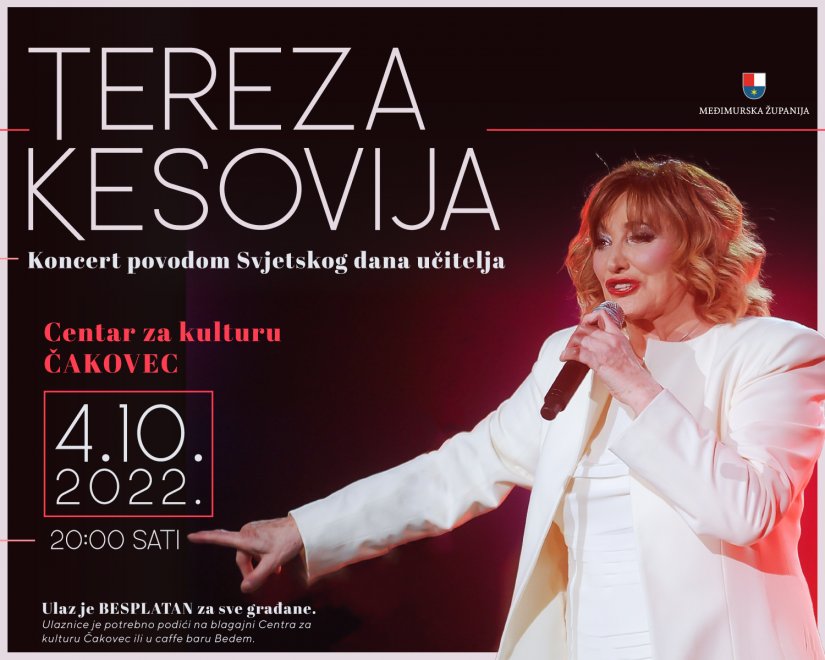 Povodom Svjetskog dana učitelja u Čakovcu će se održati besplatni koncert Tereze Kesovije
