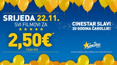 Cinestar slavi 20 godina: U srijedu 22. studenog svi filmovi za samo 2,5 eura
