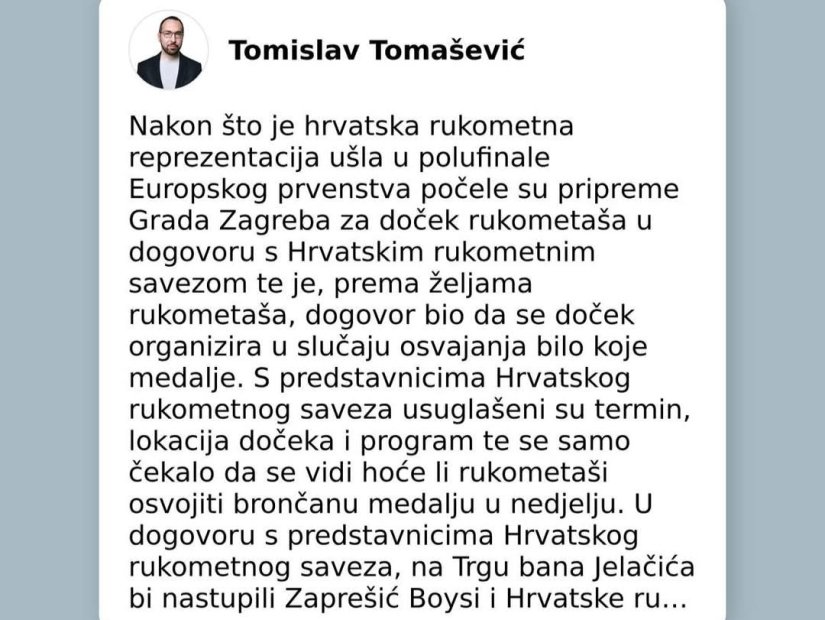 Toma&scaron;ević: Dočeka brončanih rukometa&scaron;a u Zagrebu, nažalost, neće biti