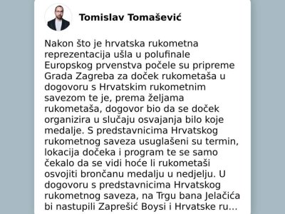 Toma&scaron;ević: Dočeka brončanih rukometa&scaron;a u Zagrebu, nažalost, neće biti
