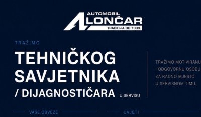 AUTOMOBIL LONČAR Pro&scaron;iruje svoj servisni tim i zapo&scaron;ljava tehničkog savjetnika / dijagnostičara u Varaždinu