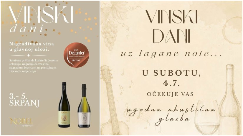 Dijelimo vinski meni za dvije osobe na St. Jerom vinskim danima u Restoranu Nobel